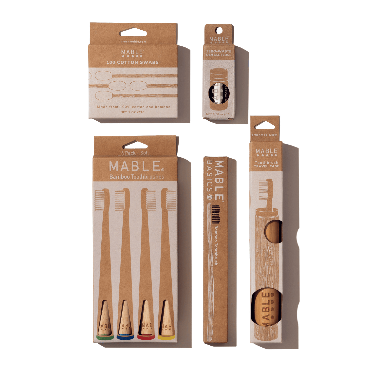 Eco Bathroom Set-Four-Pack of Adult Soft Self-Standing Brushes
One MABLE Basics Brush
One Reusable Floss Container with Dental Floss
One Bamboo Travel Case
One 100-Pack of Bamboo Cotton Swabs