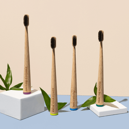 MABLE Affirmation Toothbrush Four Pack, Daily Affirmation Toothbrushes for self-care, Soft bristle natural toothbrush with bamboo base and bamboo decoration