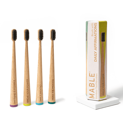 MABLE Affirmation Toothbrush Four Pack, Daily Affirmation Toothbrushes for self-care, Soft bristle natural toothbrush 