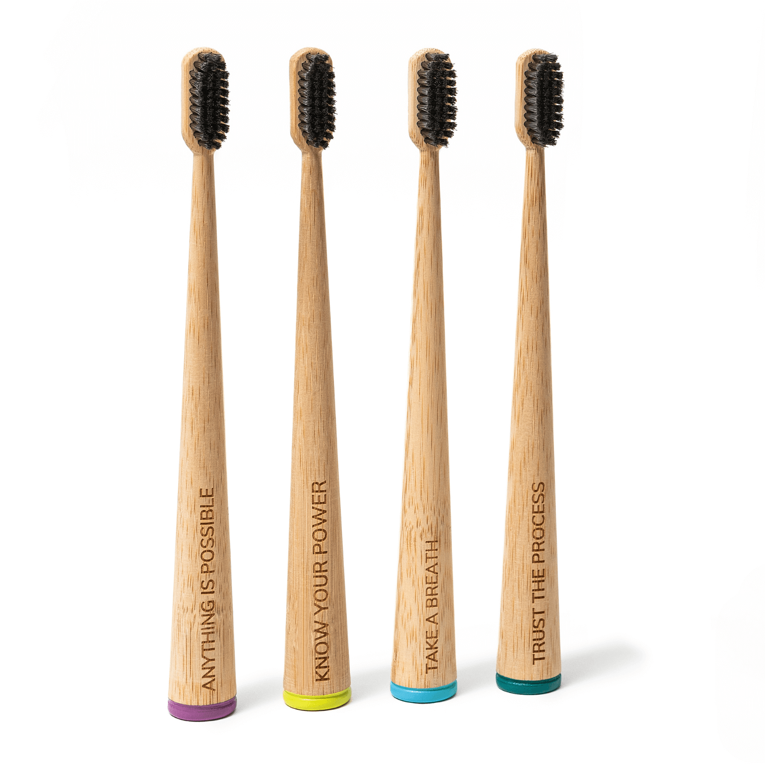 MABLE Affirmation Toothbrush Four Pack, Daily Affirmation Toothbrushes for self-care, Soft bristle natural toothbrush, Each bamboo toothbrush is engraved with a positive daily affirmation like anything is possible, know your power, take a breath, trust the process