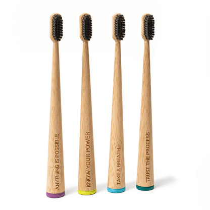 MABLE Affirmation Toothbrush Four Pack, Daily Affirmation Toothbrushes for self-care, Soft bristle natural toothbrush, Each bamboo toothbrush is engraved with a positive daily affirmation like anything is possible, know your power, take a breath, trust the process