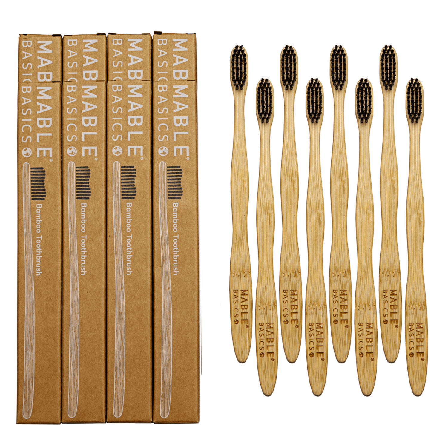 Set of MABLE Basics bamboo toothbrushes with black bristles, alongside eco-friendly cardboard packaging