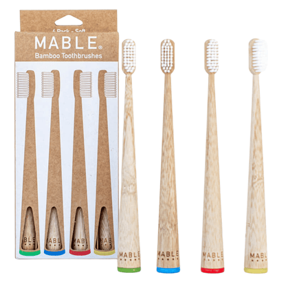 MABLE® Four Pack bamboo toothbrushes: Contain four of our ergonomic, self-standing bamboo toothbrushes. Four packs available in adult and kids size: Get a pack of bamboo toothbrushes for Kids: they're naturally anti-bacterial and water resistant. The handles are 100% compostable and certified by the USDA as 100% biobased. Made from sustainably harvested bamboo certified by the FSC.